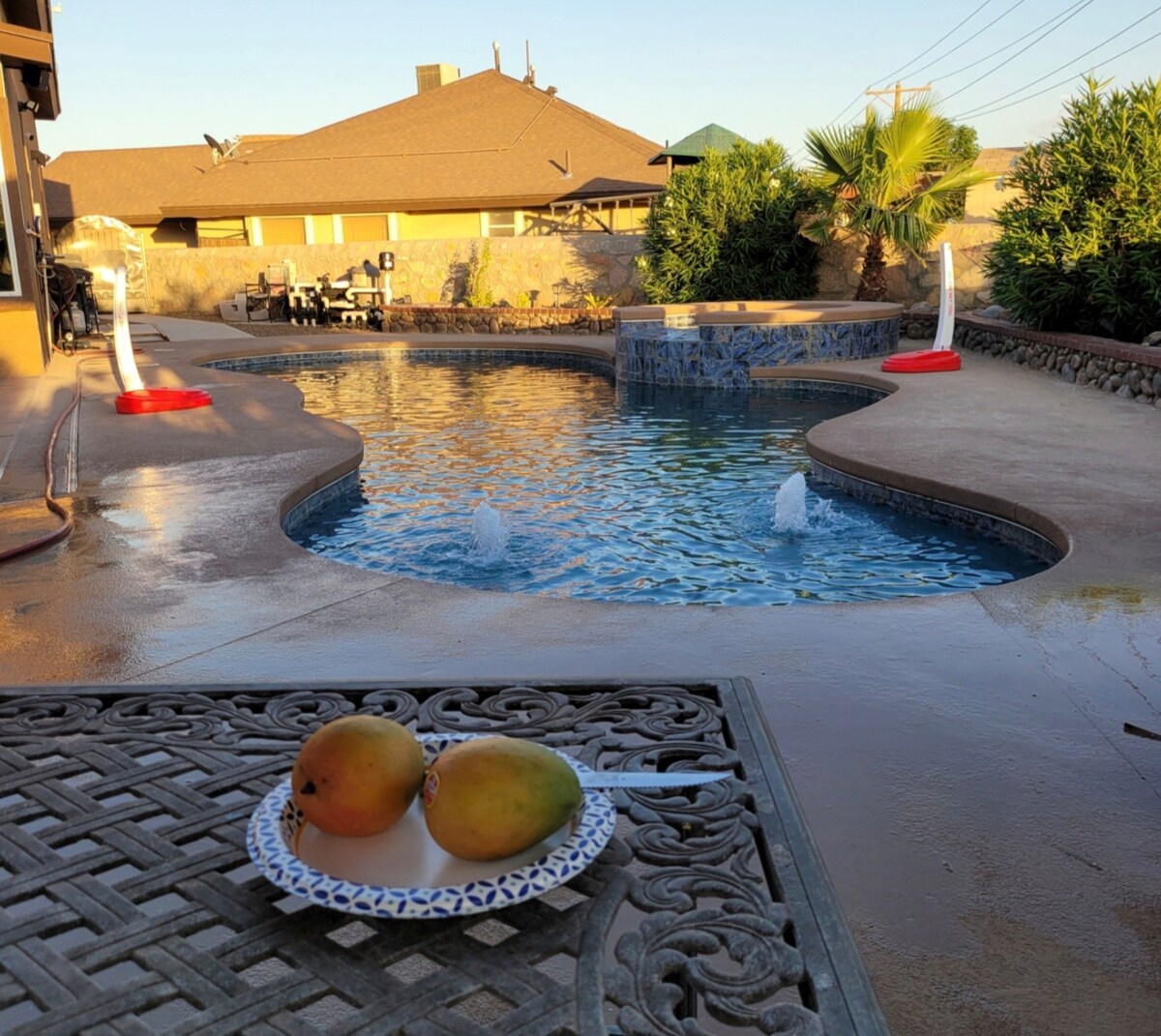 A serene swimming pool is framed by smooth concrete surfaces, with gentle water features adding a calming touch. A small dining area is visible in the background, surrounded by lush greenery. Two mangoes rest on a decorative plate on a nearby table.