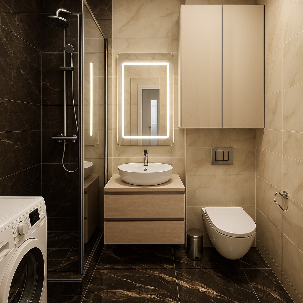 A modern bathroom features a spacious shower with a sleek glass enclosure. A backlit mirror hangs above a round sink, which is placed on a contemporary wooden vanity. A washing machine is positioned in the corner, alongside a minimalistic toilet and a polished floor in dark tones.