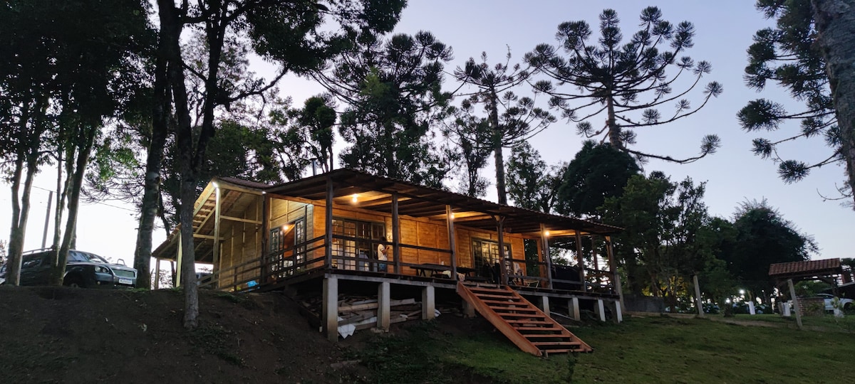 The exterior of the cabin showcases a wooden structure with large windows and a welcoming porch. A staircase leads to the entrance, surrounded by tall trees and greenery. Soft lighting highlights the architectural features, creating an inviting atmosphere in the tranquil setting.