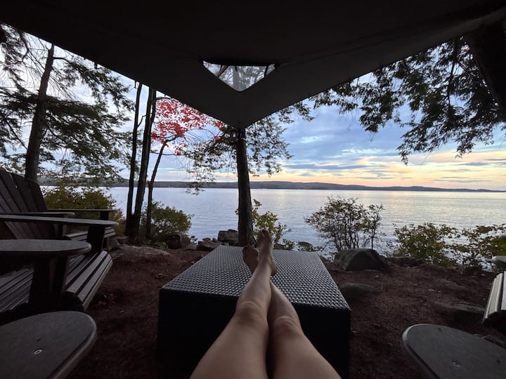 Ahhh, peace and tranquillity. We call this spot "The Window". Its 4 Adirondacks and Tentsile tree tent above make for the perfect spot to soak it all in. Get all nestled in the tree tent and be one with nature.  (sleeps 3 and is even pet friendly).