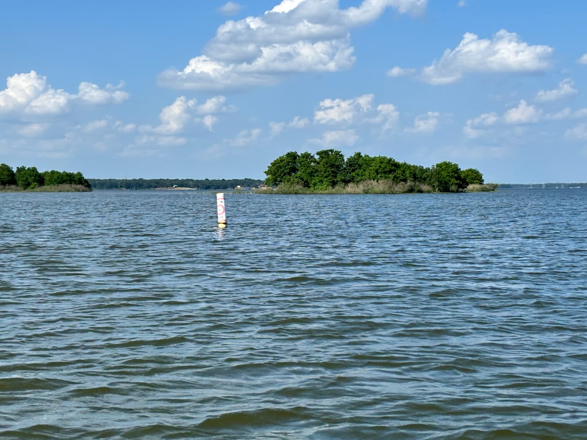 A serene view of a lake is captured, featuring gentle ripples under a partly cloudy sky. In the foreground, a buoy marks the waterway, while a small, green island covered in trees is visible in the distance, contributing to the tranquil landscape.