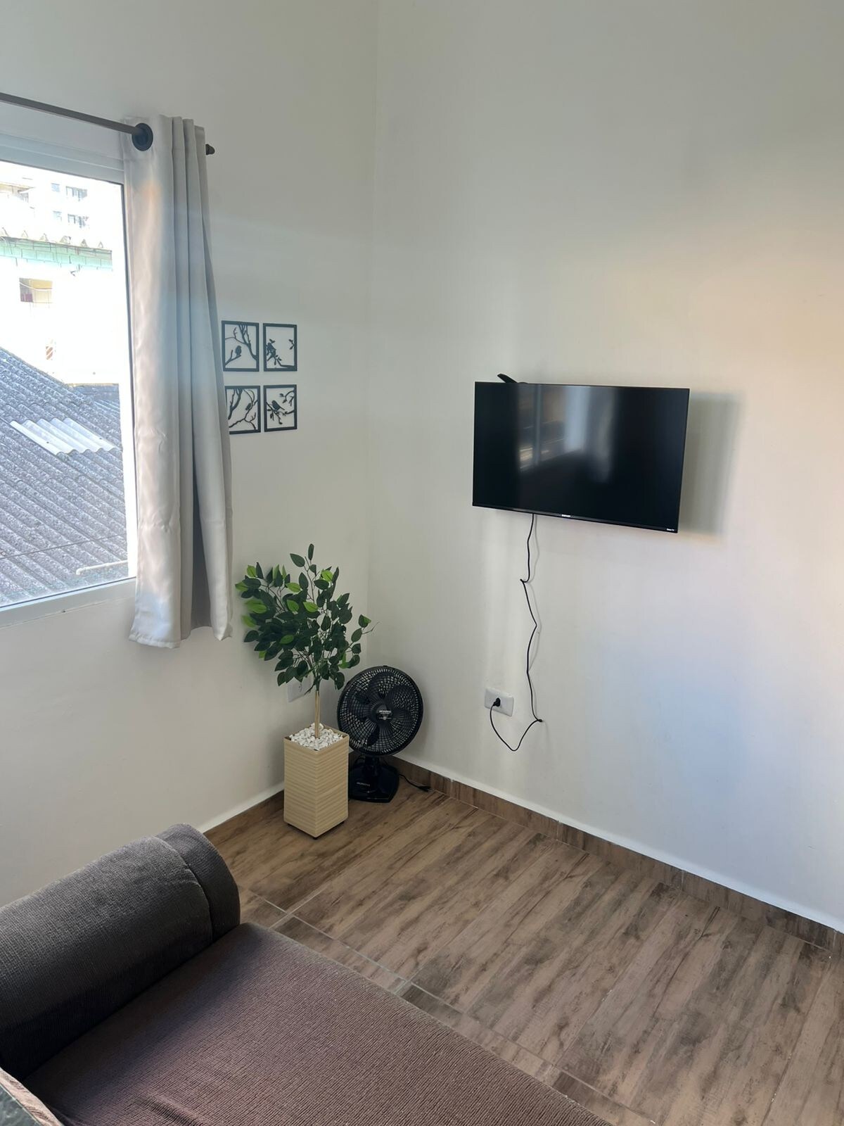 A cozy corner of the living space features a mounted television on the wall. A small plant is displayed in a light-colored planter, accompanied by a fan on the floor. Natural light enters through a window with light curtains, illuminating the wood-like flooring.