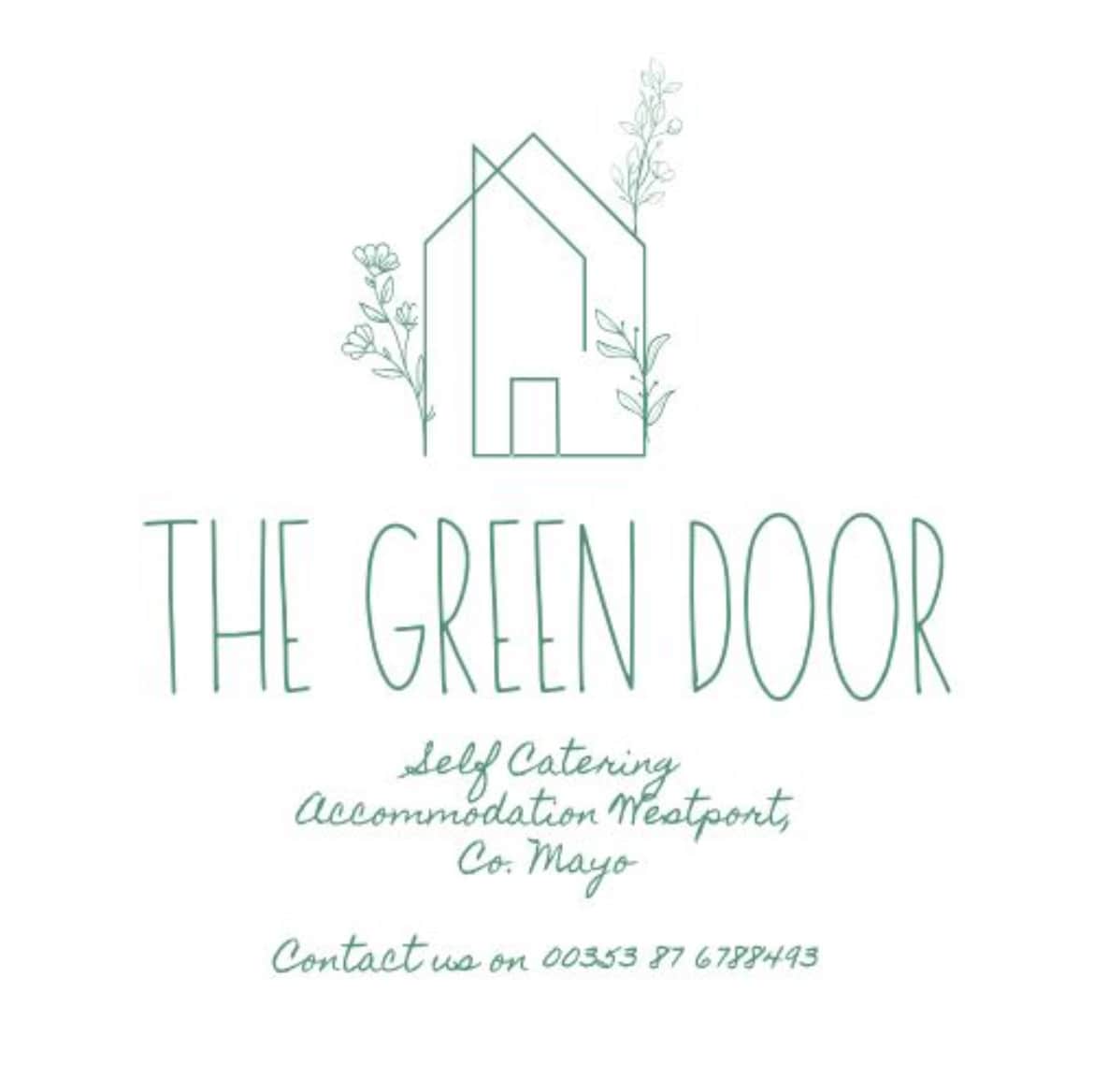 A minimalistic logo features an outlined illustration of a house with a floral design. The text in a playful font identifies the accommodation as 'The Green Door' along with its location and contact information for guests.