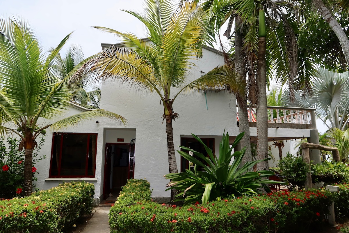 A charming exterior view of a two-story cabin is framed by lush palm trees and vibrant flowering shrubs. The white building features red-tinted windows and a balcony, providing a serene beachside ambiance. The surrounding greenery creates a peaceful setting, inviting relaxation.