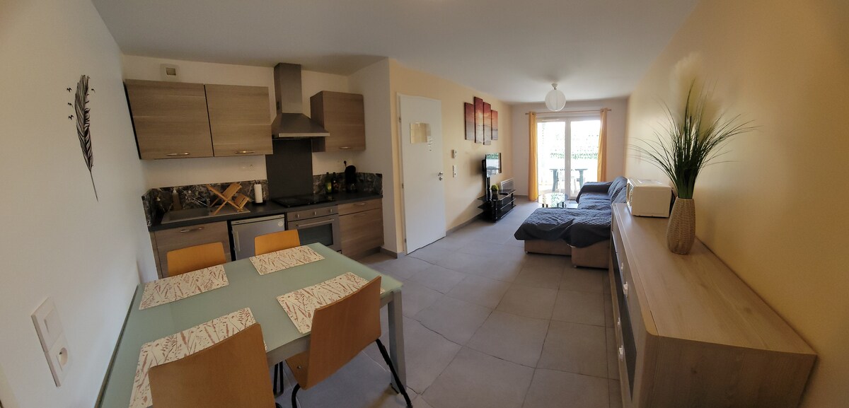 The open-concept living area showcases a well-equipped kitchen with wooden cabinets and modern appliances. A dining table with four chairs is positioned adjacent to the kitchen. The cozy seating area features a convertible sofa, and large windows offer natural light, leading to a private terrace.