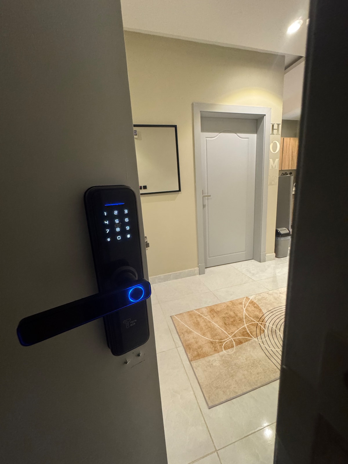 The entrance door is partially open, showcasing a sleek electronic lock. A light-colored hallway is visible, leading to a closed bathroom door. A framed mirror and a decorative rug are present on the floor, enhancing the modern aesthetic of the entryway.