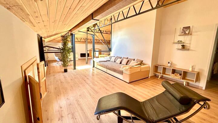 宽敞的客厅，有几个区域。 一张135英寸宽的大沙发，无需组装即可变成床。 Chaiselong Le courvoisier，可在电壁炉旁休息。 