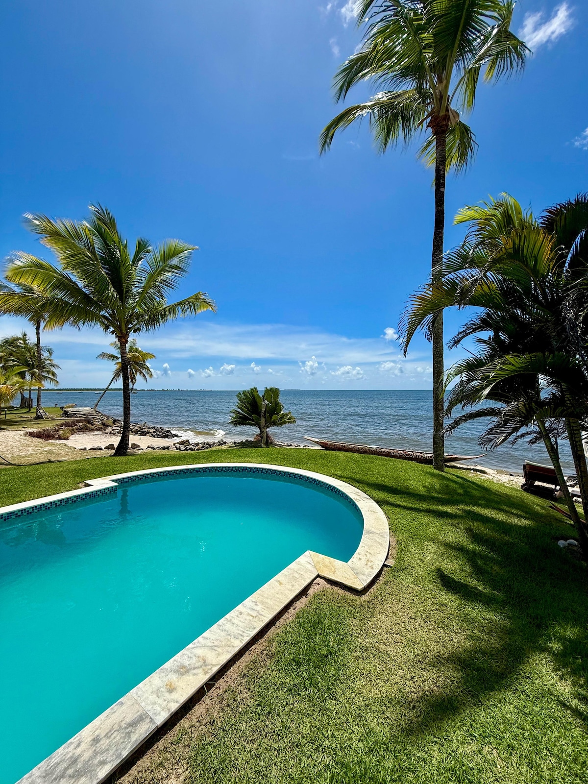 A serene view of a turquoise swimming pool framed by lush palm trees, overlooking a calm sea. Soft grass surrounds the pool, and gentle waves can be seen in the distance under a clear blue sky.