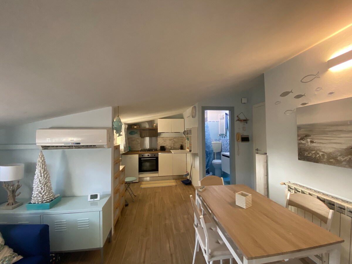 An open living space is showcased, featuring a dining table with chairs and a comfortable seating area. The kitchen is equipped with modern appliances. A doorway leads to a bathroom, while light wood flooring complements the soft blue walls and decorative elements.