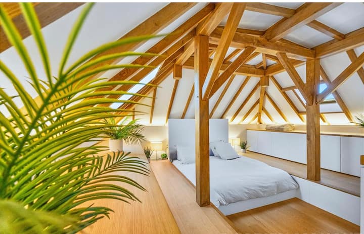 Suite master muy cooning con su magnífica decoración moderna normanda  

1 cama doble grande 180 x 200 
totalmente equipada con armarios de almacenamiento 

Baño con bañera contiguo a la suite

Zona de estar en la habitación

Televisión  
