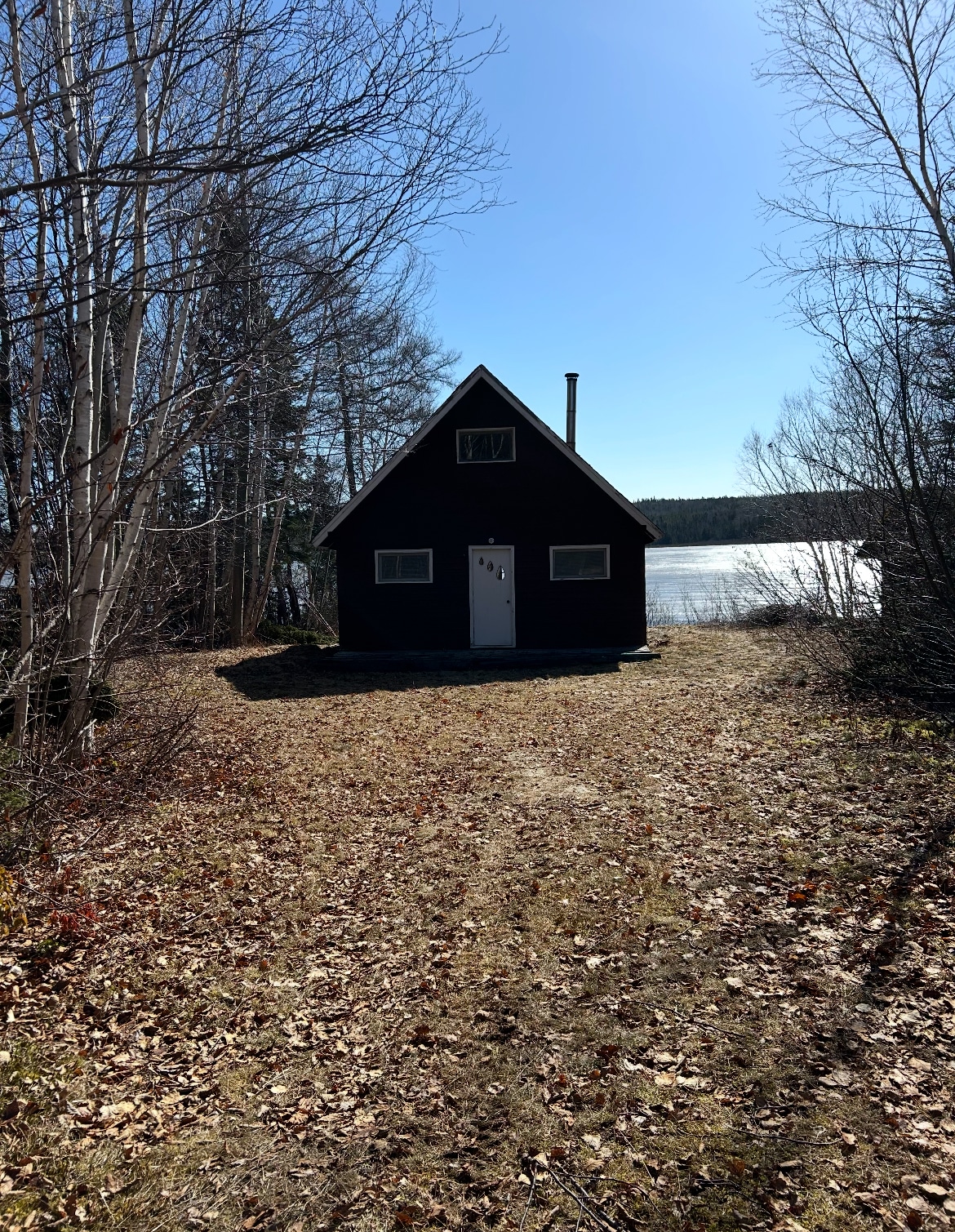 A cabin is situated near a pond, framed by trees shedding autumn leaves. The structure features a sloped roof and a front door that is centrally positioned. Sunlight highlights the natural surroundings, creating a serene outdoor space.