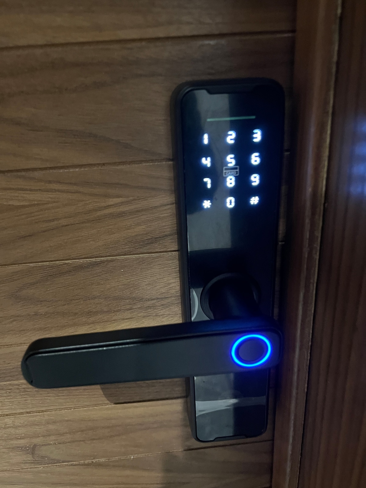 A modern smart lock is displayed, featuring a numeric keypad with illuminated numbers. The sleek black handle combines innovation and functionality, positioned against a backdrop of polished wooden surface. The door's design emphasizes security and ease of access.