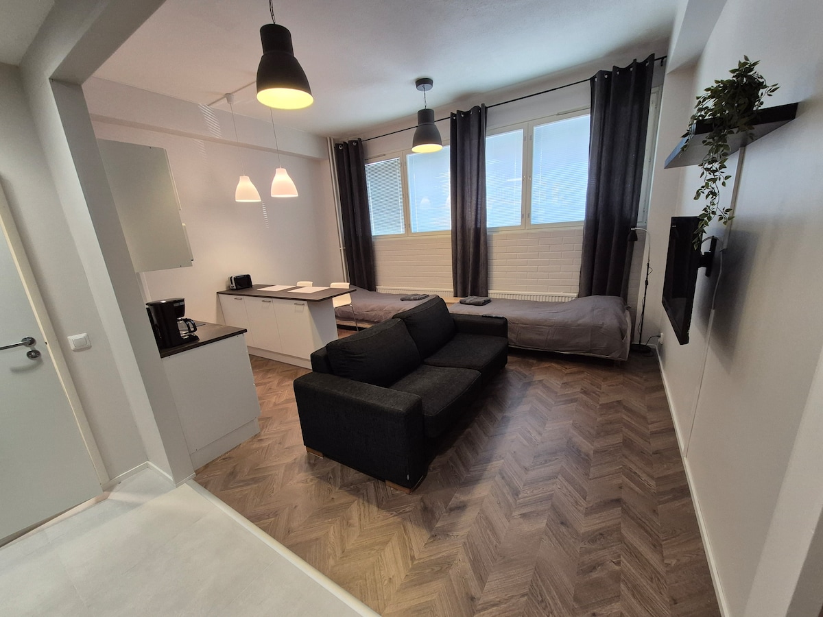 A modern living space is shown, featuring a dark sectional sofa facing a wall-mounted television. A long bed occupies the back area, and large windows are adorned with dark curtains. A small kitchen area is visible, complemented by pendant lighting above.