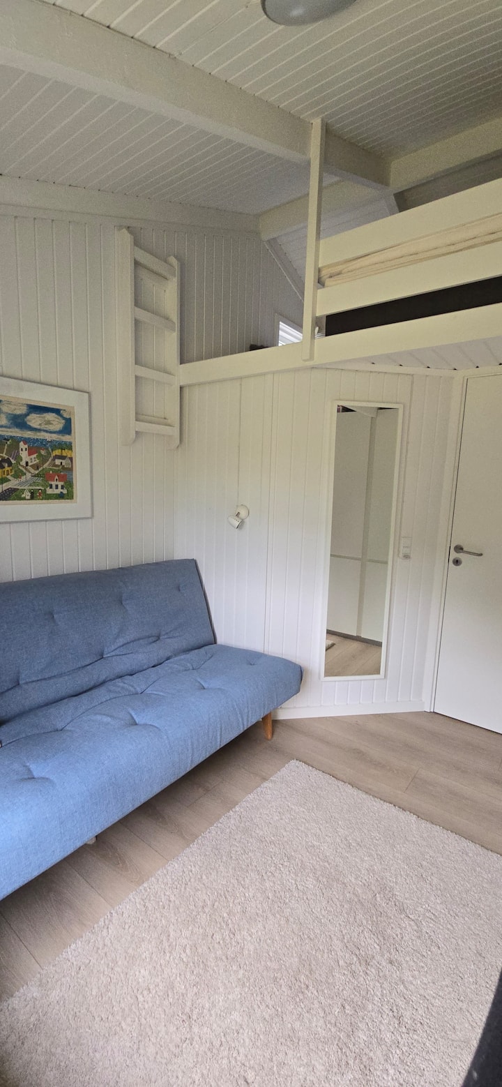 Esta habitación tiene un sofá cama que se convierte en una cama tamaño queen cuando se despliega. En los armarios hay espacio para la ropa, y también encontrarás una plancha, un perchero y una aspiradora. Hay acceso al loft, donde hay dos camas supletorias.