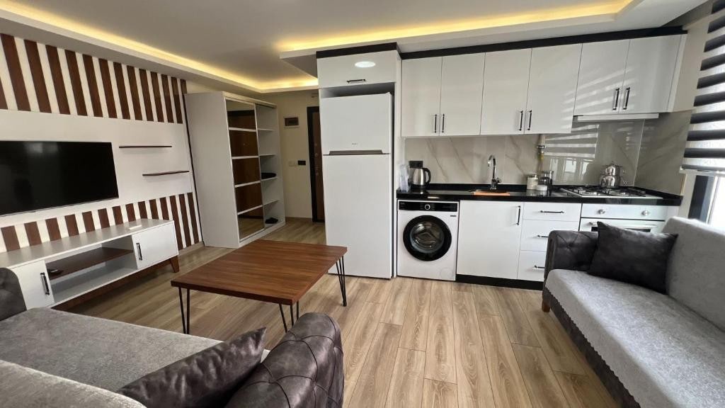 An open-plan living space features a comfortable seating area with a light grey sofa and a dark-toned coffee table. Modern kitchen appliances are visible, including a refrigerator and washing machine, accompanied by sleek cabinetry and marble countertops. Natural light enters through the windows with striped decor accents.