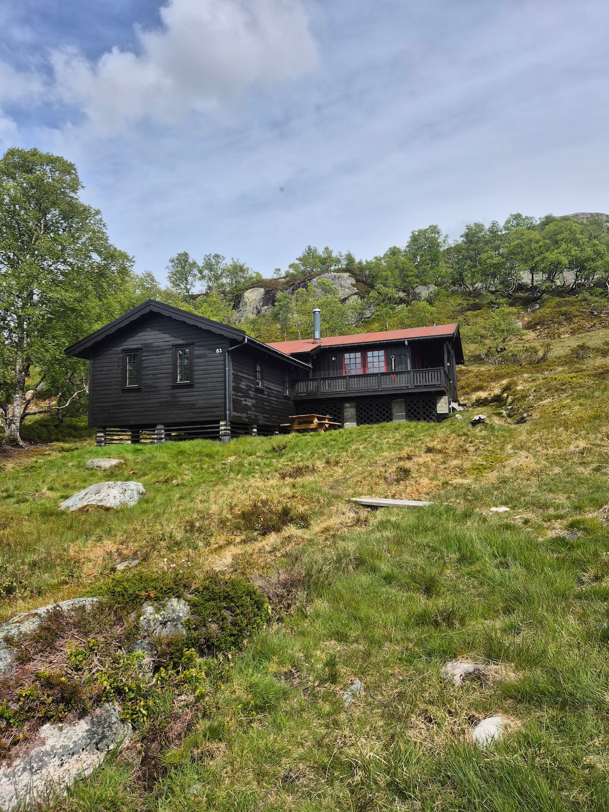 A charming mountain cabin set in a lush green landscape, surrounded by rocky outcrops and trees. The wooden structure features a pitched roof, with a small porch visible at the front. Natural vegetation envelops the cabin, creating a serene outdoor environment.