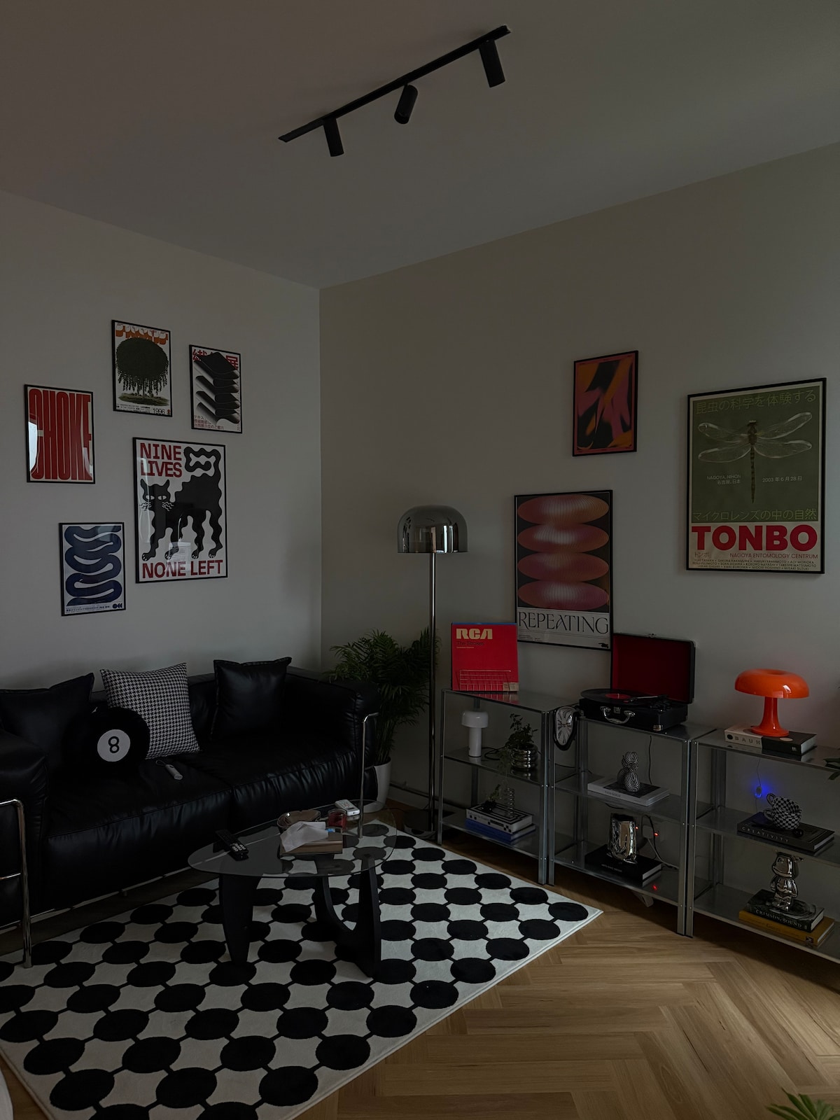 A stylish lounge area features a sleek black sofa adorned with patterned cushions. The space is decorated with an array of bold graphic posters on the walls. A geometric rug lies beneath a glass coffee table, surrounded by modern lighting and decorative elements.