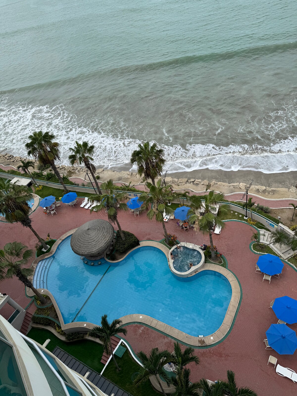 A view of a large swimming pool shaped organically, nestled among palm trees. Blue umbrellas surround the pool area, providing shade, while the ocean waves gently lap at the shoreline beyond. The atmosphere hints at relaxation and leisure by the water's edge.