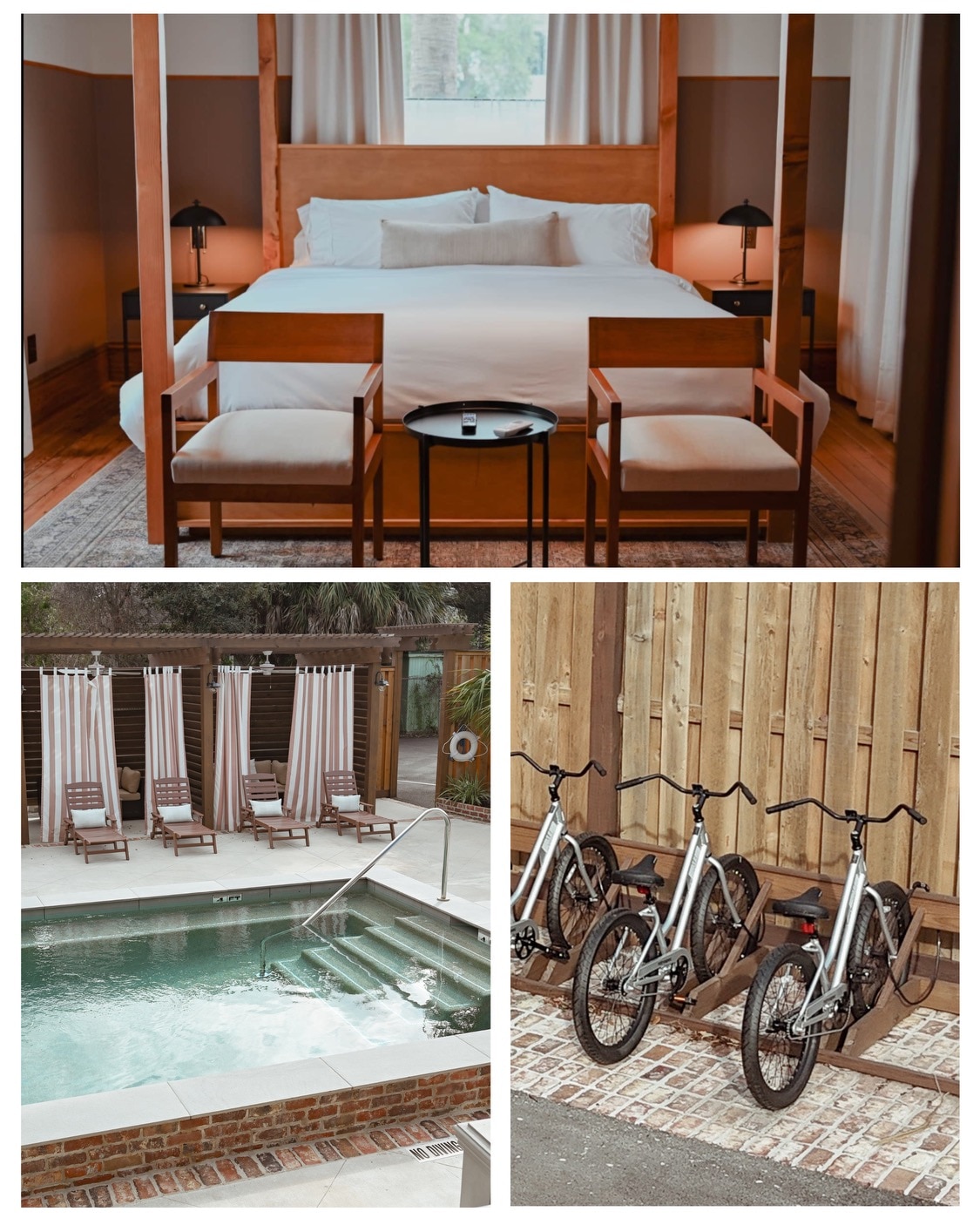 The luxurious suite features a spacious bed complemented by wooden structural elements. Two armchairs are positioned beside a small table. In the lower section, a heated pool is visible alongside striped cabanas and lounge chairs, while a rack of bicycles is displayed against a wooden fence.
