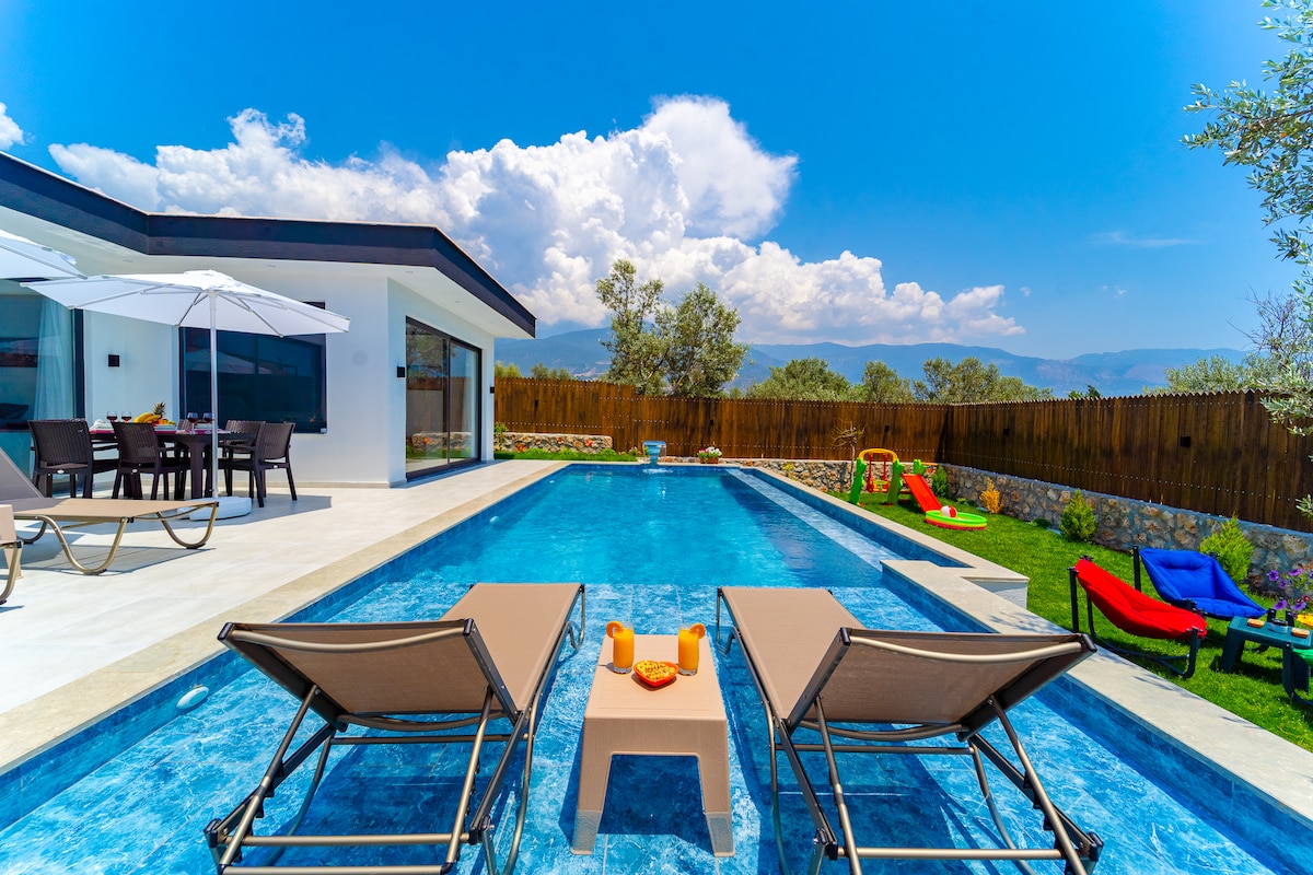 A modern outdoor area features a clear blue swimming pool surrounded by sun loungers. A vibrant green lawn is visible, with colorful seating options placed nearby. An umbrella provides shade over a dining set, and the backdrop showcases a clear sky with fluffy clouds.