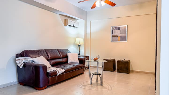 Beau salon avec canapé-lit en cuir et climatisation, espace pour un bon repos.