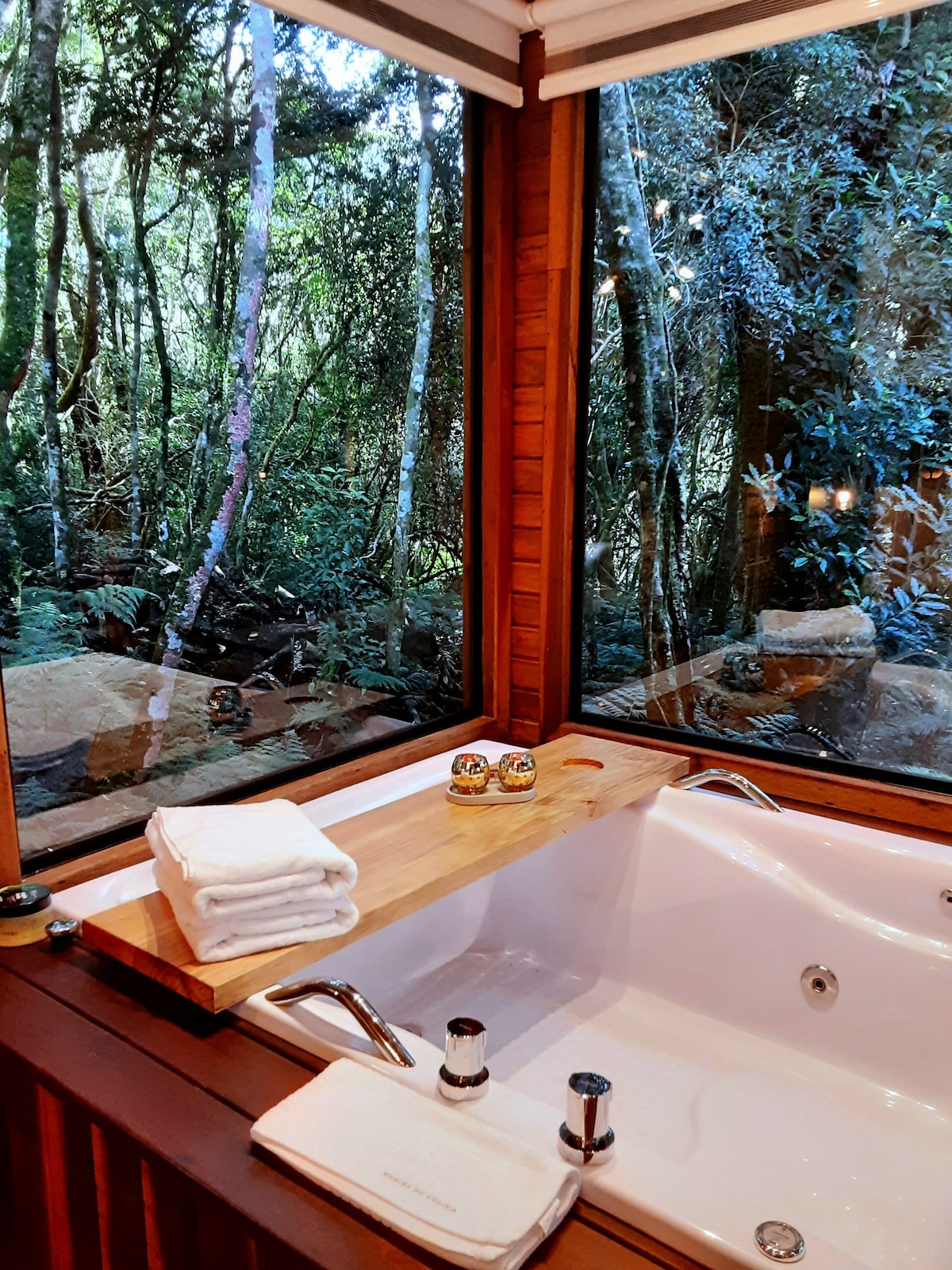 A spacious hot tub features a wooden countertop adorned with towels and decorative items. Large windows frame the lush greenery of the surrounding forest, inviting natural light into the relaxing space.