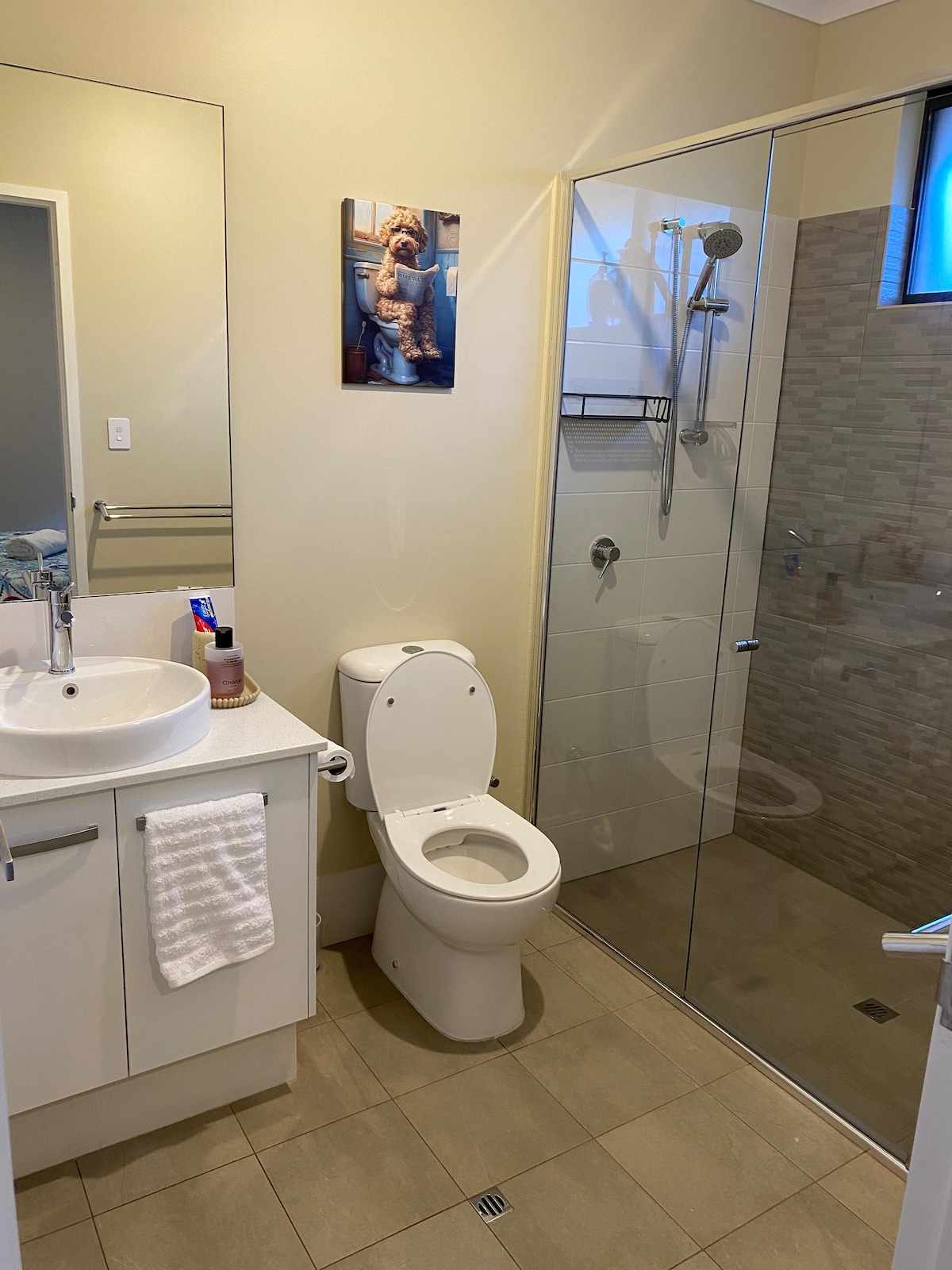 A modern bathroom is presented, featuring a glass shower enclosure with a rainfall showerhead. A white sink sits atop a sleek vanity, complemented by a wall-mounted mirror. A framed image of a dog decorates the wall, adding a personal touch to the space.