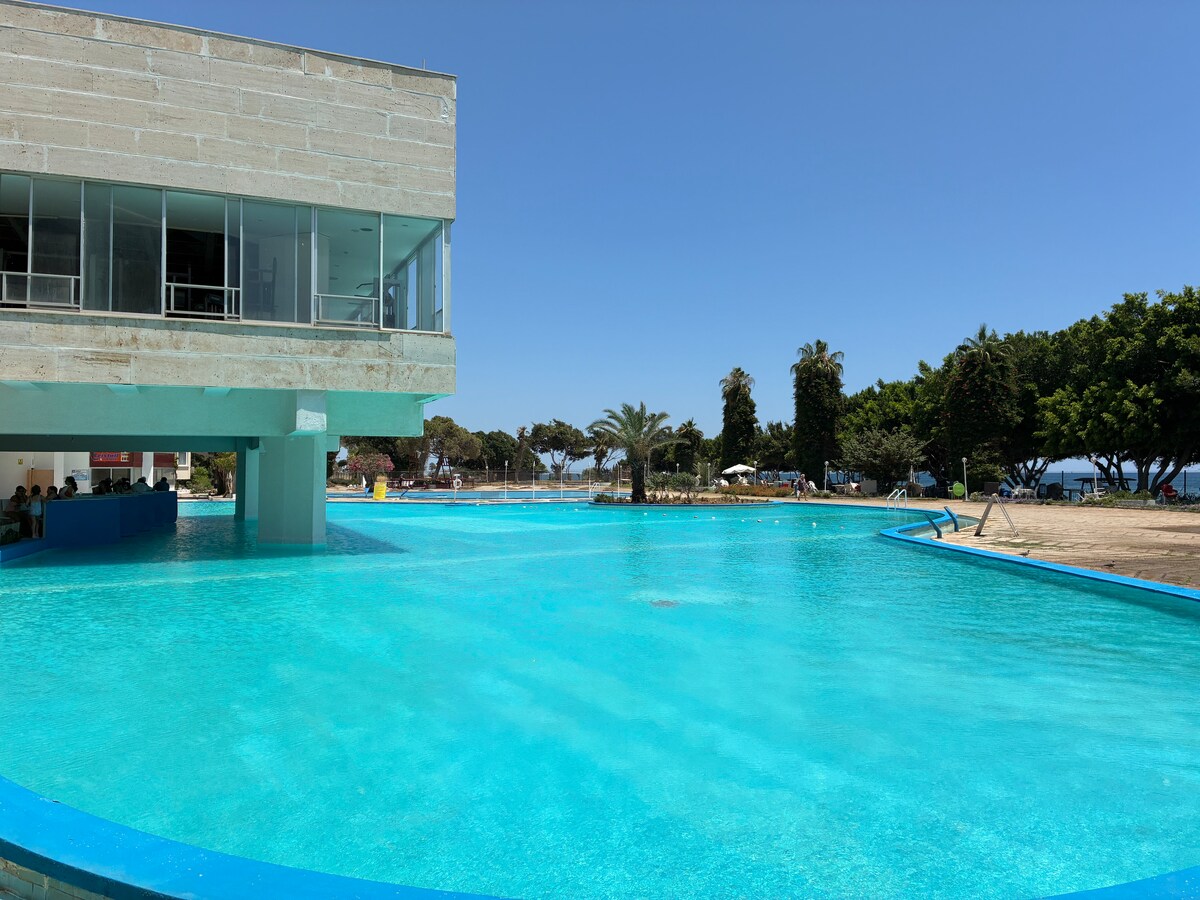 A large outdoor pool is shown, featuring clear turquoise water surrounded by a well-maintained deck. The pool area is complemented by palm trees and grassy spaces in the background, with a contemporary building visible on one side.