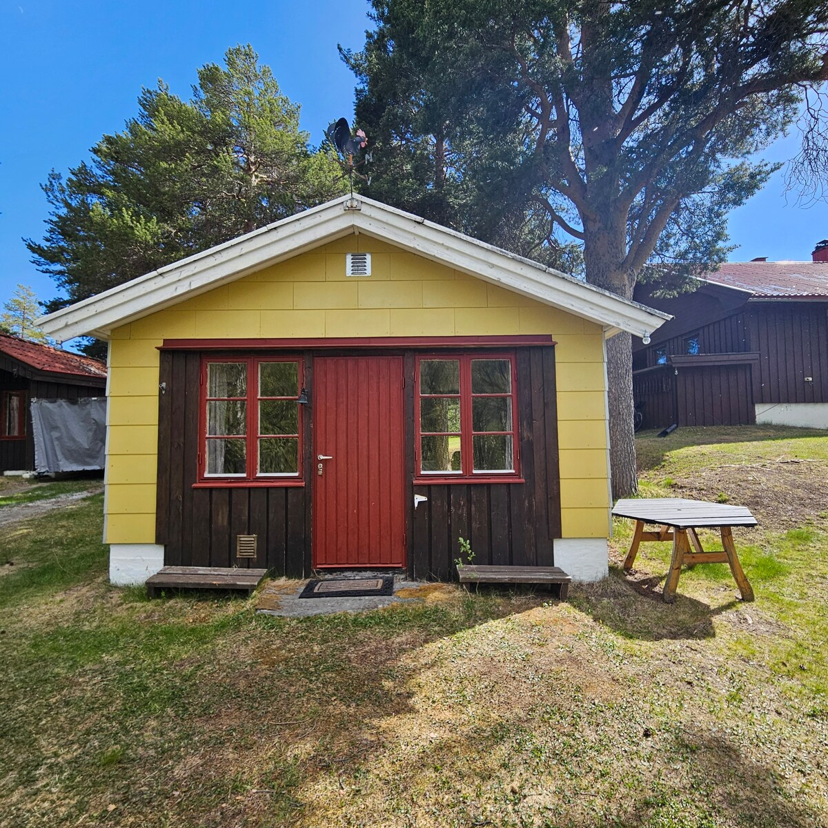 A charming cottage is presented with a yellow and dark wood exterior. The front features a red door flanked by four window panes, while a wooden table sits outside on the grassy area. Tall trees provide a natural backdrop.
