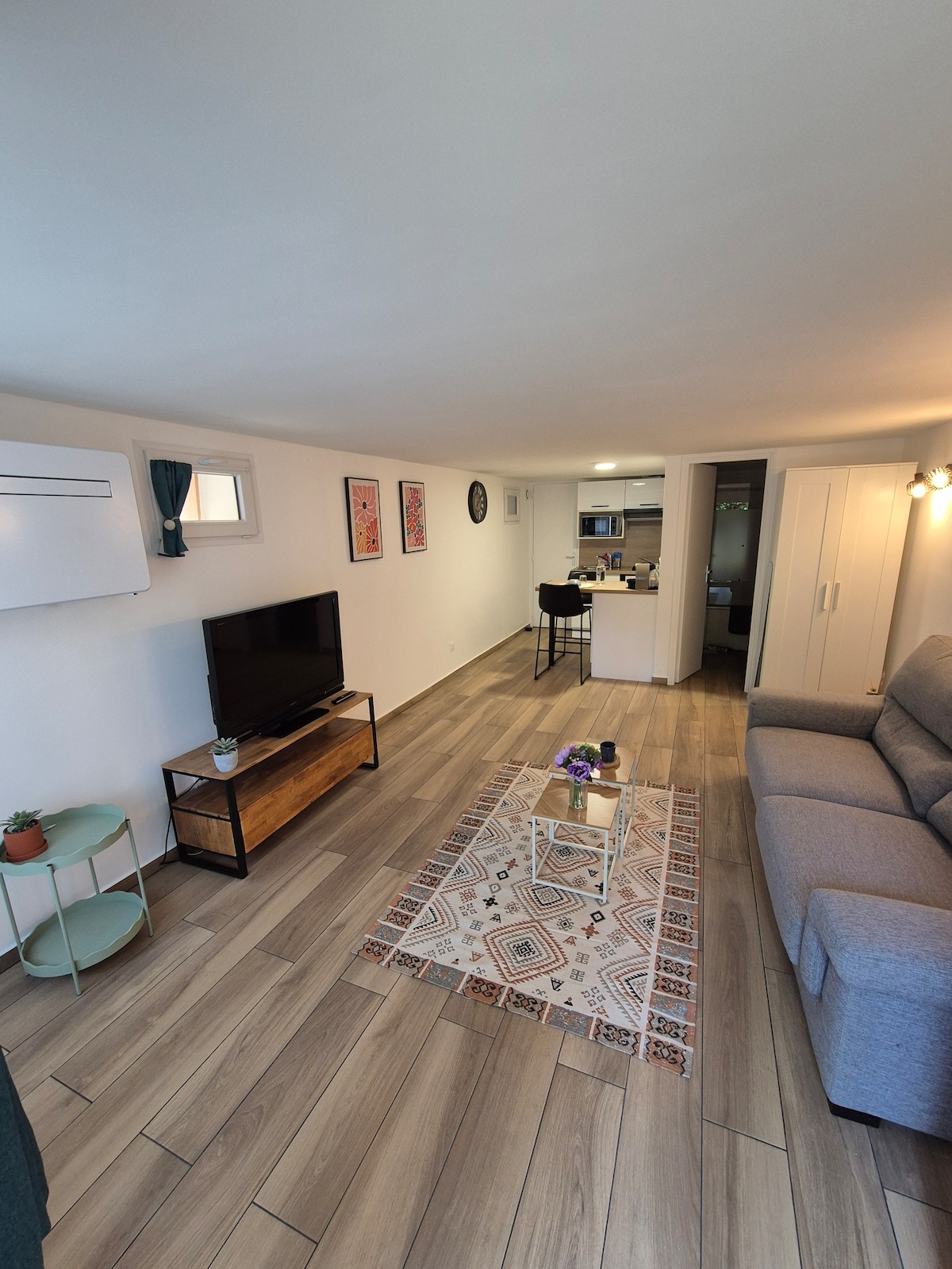 A modern living space is featured, showcasing a comfortable gray sofa and a small coffee table on a patterned area rug. A television is positioned on a sleek stand. The open layout provides a view into the kitchen area in the background.