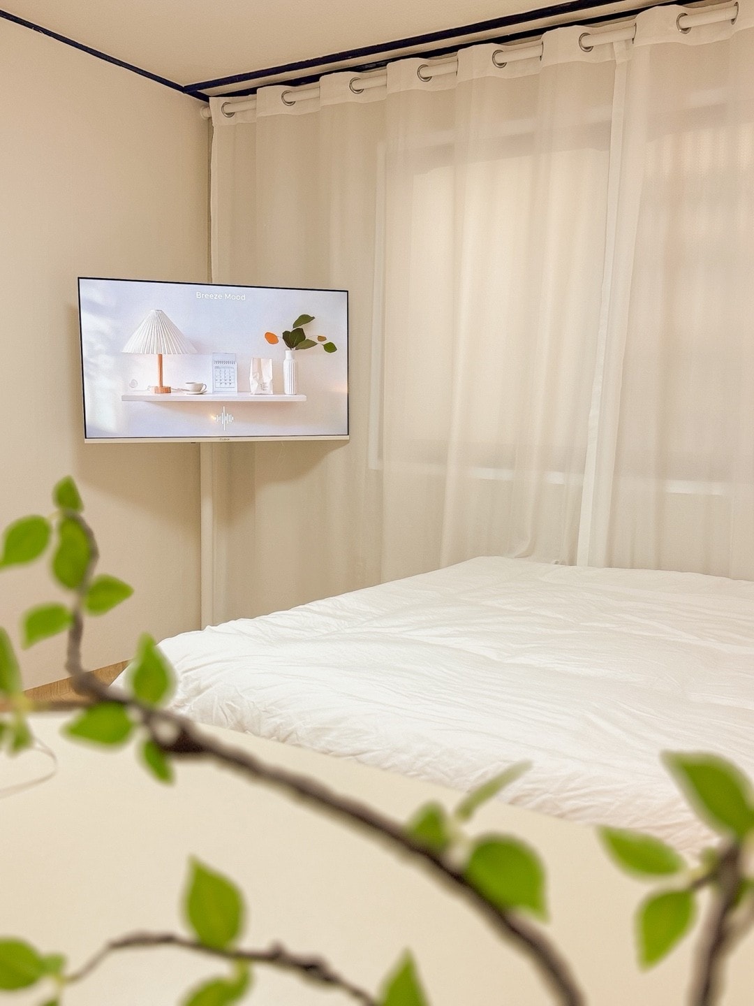 A sleeping area features a spacious, unmade bed with white bedding positioned against a neutral wall. A television is mounted on the wall, displaying a serene image. Sheer curtains gently filter natural light, and green leaves from a nearby plant add a touch of nature.