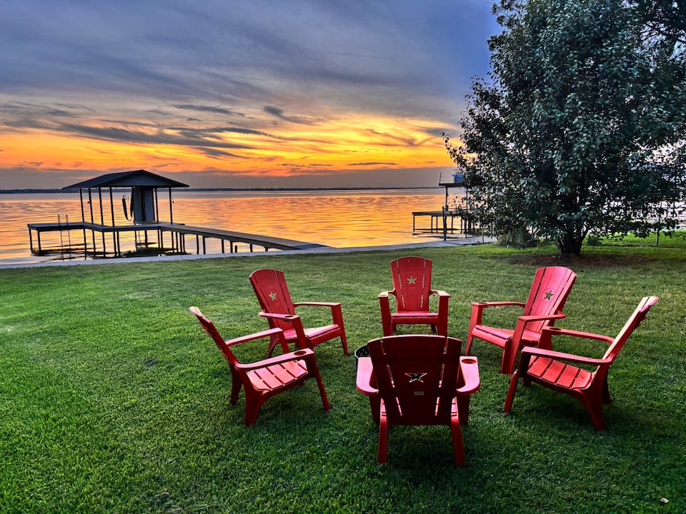 Lakefront cabin at sunset