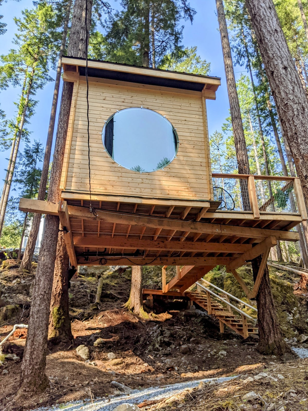 A unique tree house is positioned among tall trees, featuring a large circular window that allows natural light to fill the interior. A wooden staircase leads to the entry, and the structure is elevated above the forest floor, surrounded by a natural landscape.