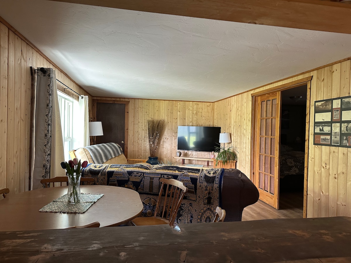 A spacious living area is displayed with wooden paneling and large windows, allowing natural light to illuminate the space. A comfortable couch is accented with patterned throws, while a flat-screen TV is mounted on the wall. Nearby, a dining table is set with flowers, enhancing the cozy ambiance.