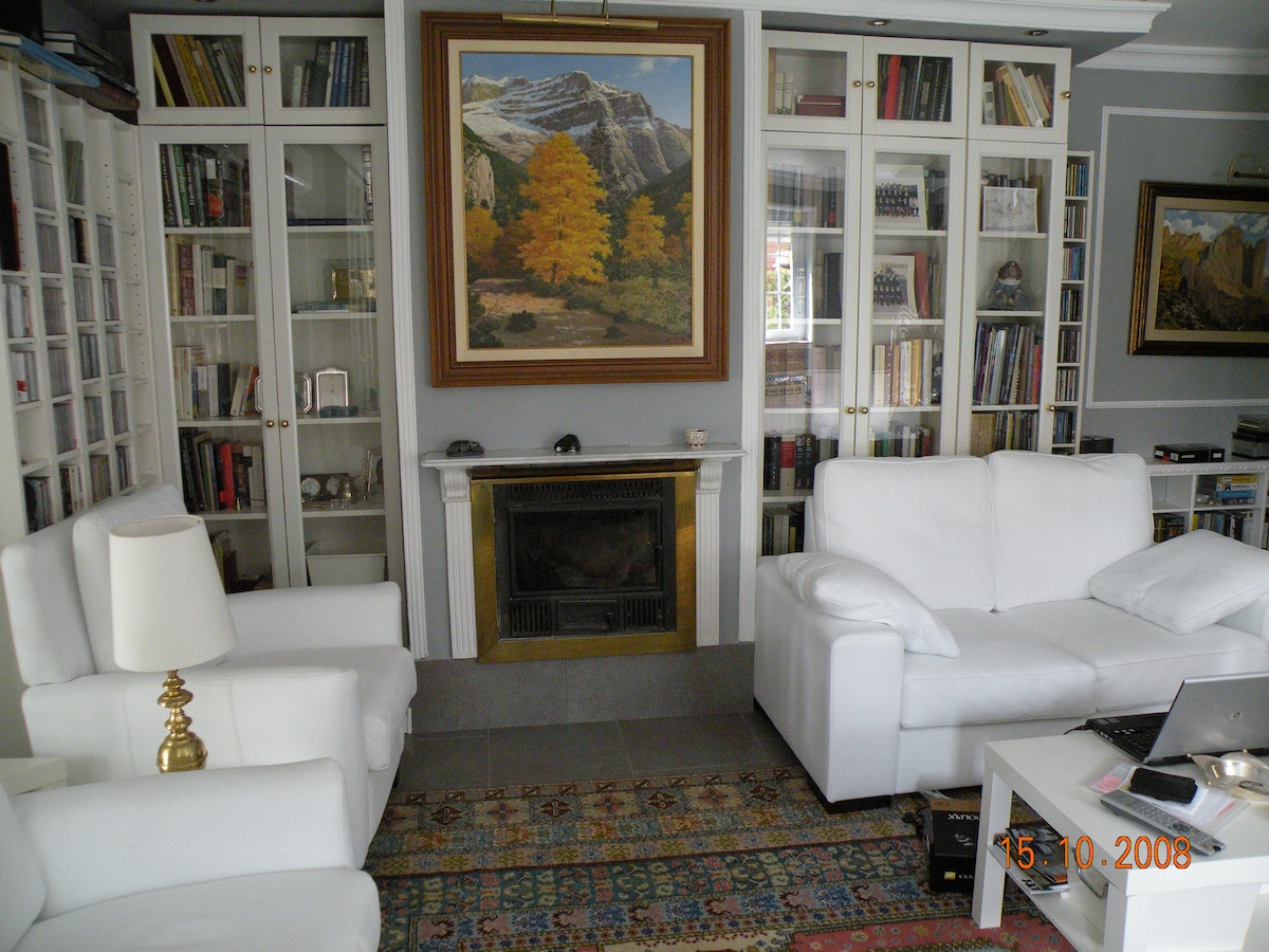 A living room features two white armchairs and a white sofa arranged around a colorful area rug. A large painting of a mountain landscape hangs above a fireplace, and glass-fronted bookshelves display numerous books and decorative items.