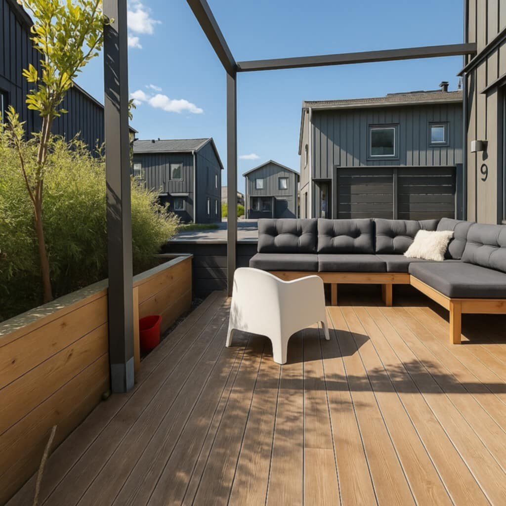 A patio area features modern outdoor seating with a sectional sofa and a white chair, surrounded by greenery. The deck displays warm wooden tones and is partially shaded by a pergola. Two neighboring houses are visible in the background against a clear blue sky.
