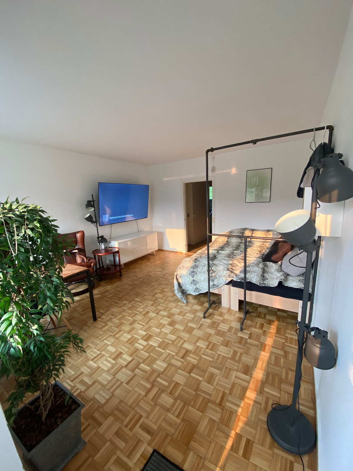 A spacious bedroom features a large flat-screen TV mounted on the wall. A comfortable chair is positioned beside a small table, and a potted plant adds a touch of greenery. Soft lighting is provided by floor and table lamps, enhancing the room's ambiance.