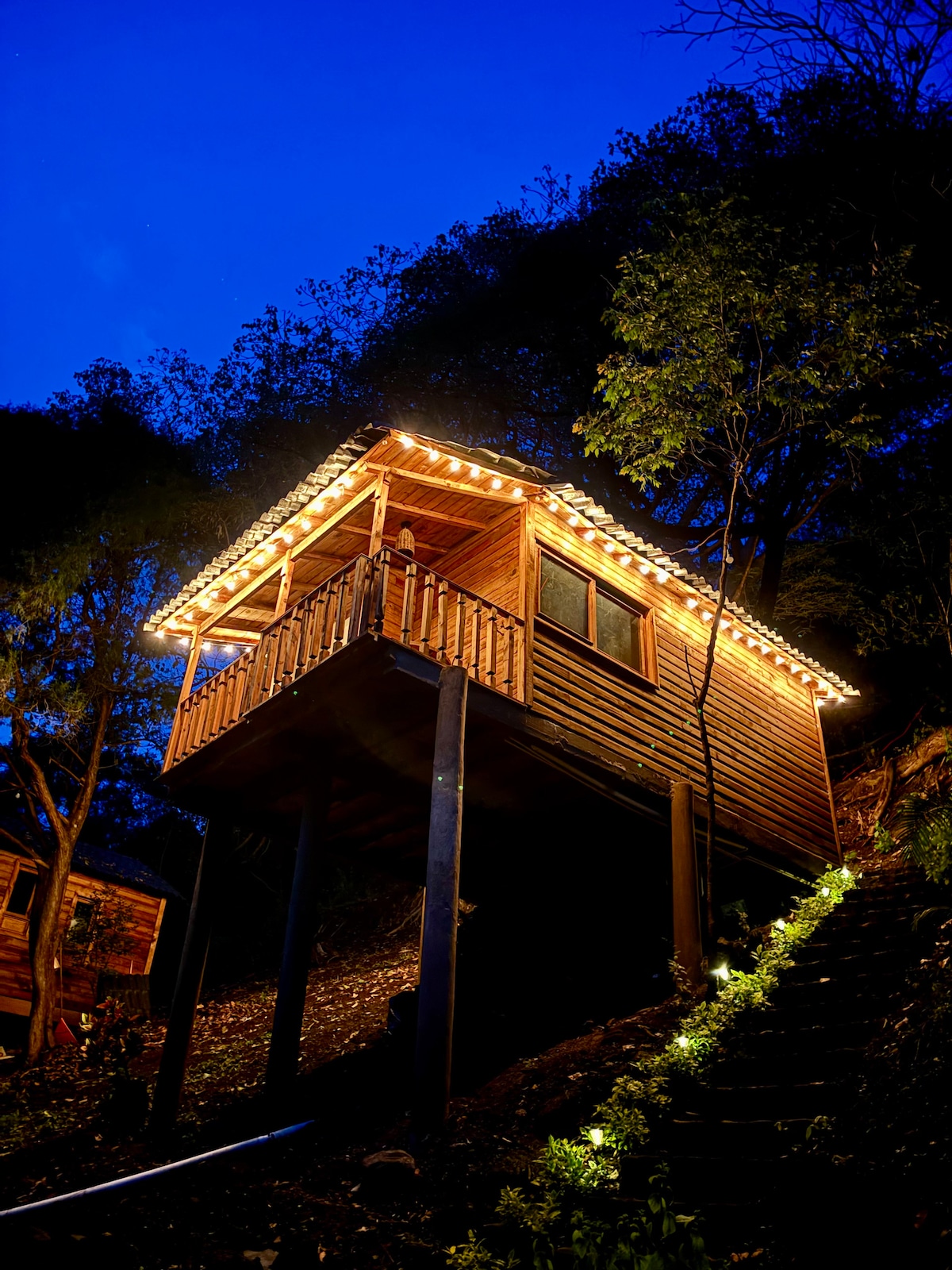 A wooden cabin is illuminated by soft outdoor lights against a deep blue evening sky. The structure is elevated with a staircase leading to its entry. Surrounding trees and a well-maintained path enhance the natural setting.
