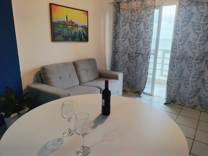 ჟაკარდის ფარდები, დივანი, 6-ადგილიანი სასადილო მაგიდა, 6 სკამი, სან-ჯორჯიო-მაჯორეს ეკლესიისა და გონდოლების (ვენეცია) ნახატი.