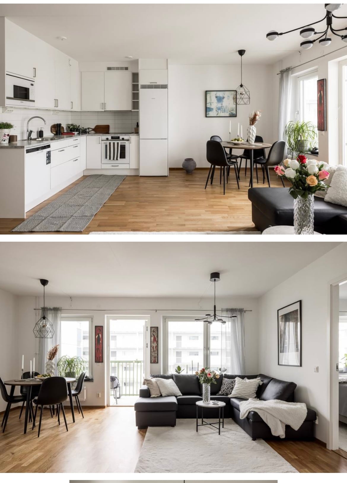A modern kitchen area features sleek white cabinetry, a spacious countertop, and essential appliances. A dining table for two is positioned beside a decorative wall art piece. Adjacent, a comfortable living area is composed of a sectional sofa, a coffee table, and natural light entering through large windows.