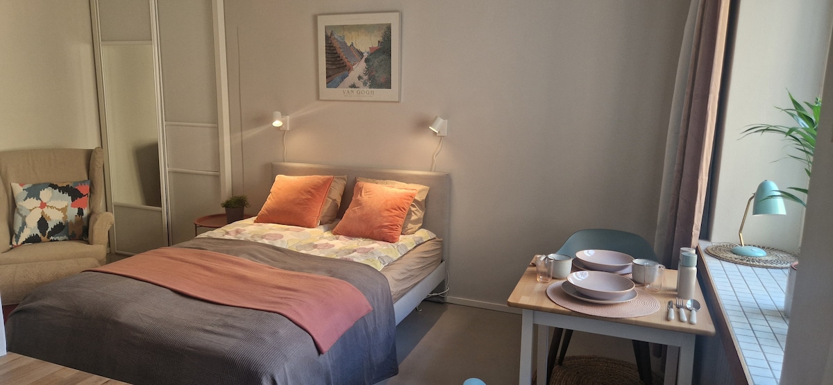 The studio features a spacious bed adorned with colorful pillows and a light comforter. A cozy seating area includes a chair with vibrant patterns. A dining table with dishes and cutlery is set in the foreground, while soft natural light enters from a nearby window.