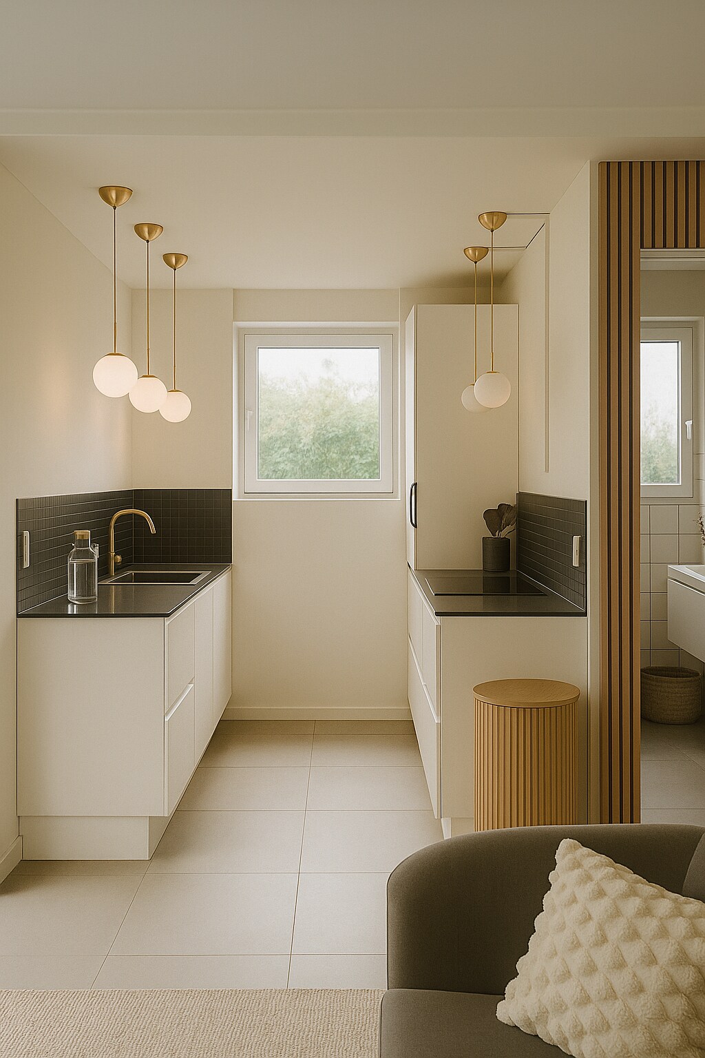 A modern kitchen area is showcased with sleek white cabinetry and dark countertops. Pendant lights with soft bulbs provide illumination. A window offers a view of greenery outside, enhancing the natural light. The space includes minimal decorative elements for a clean and functional aesthetic.