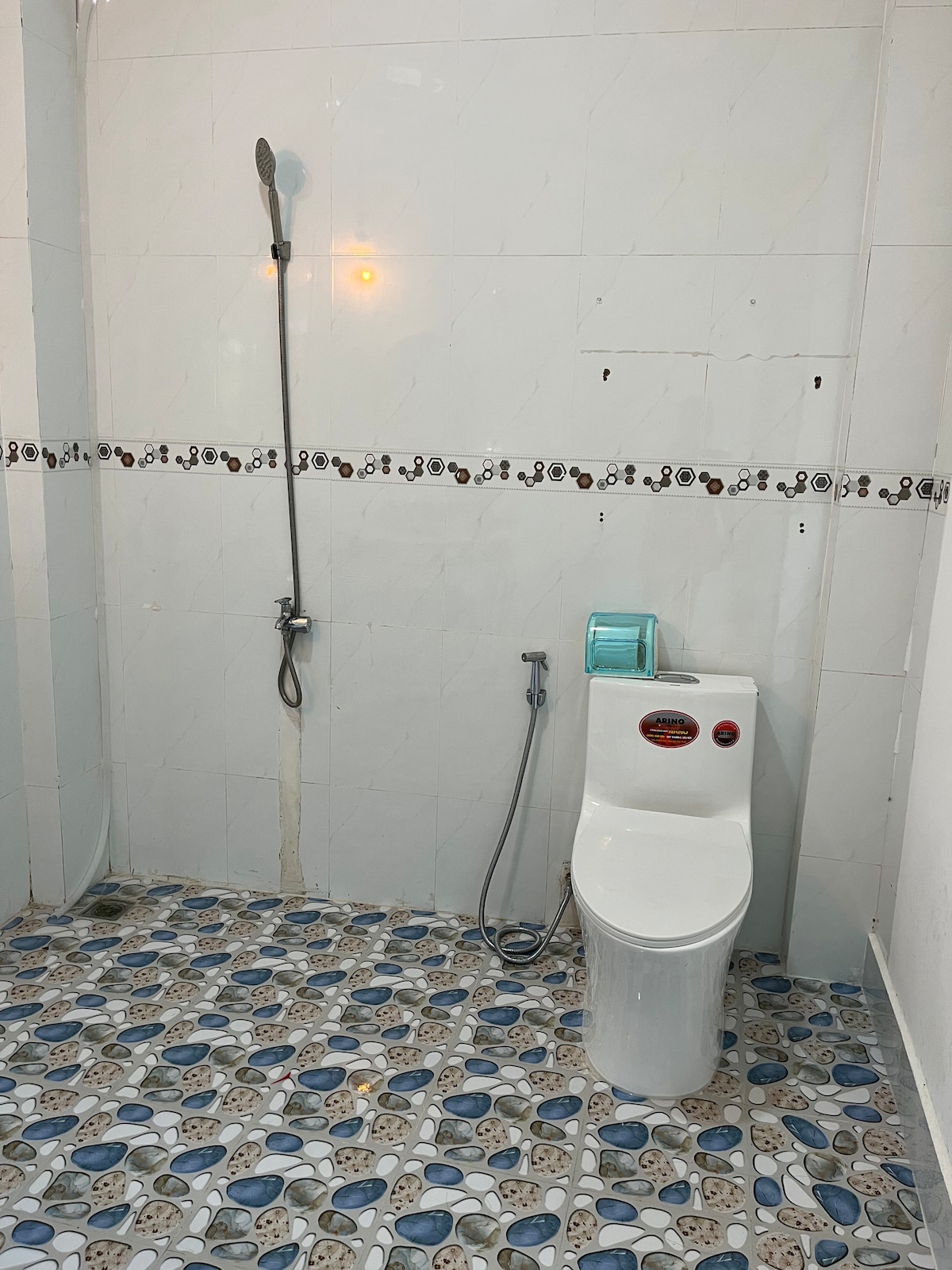 A clean bathroom space is showcased with light-colored tiled walls and a decorative border. A modern toilet is positioned next to a handheld shower fixture, which is mounted on the wall. The floor is covered in patterned tiles, contributing to the overall tidy appearance.