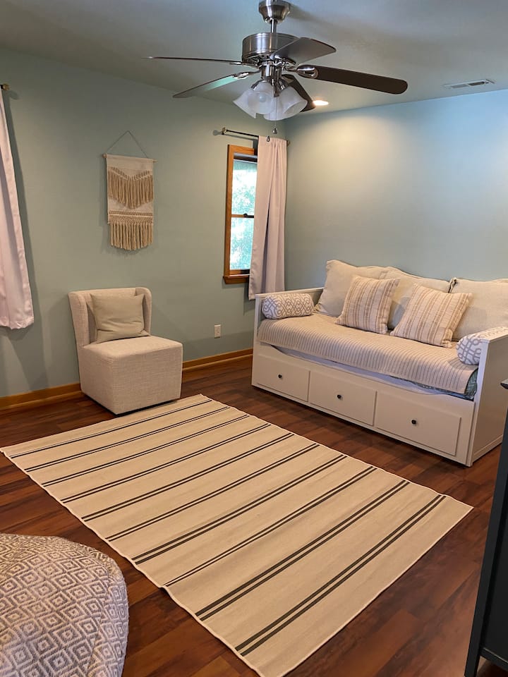 Twin bed with additional twin trundle. Bathroom access from room. Closet with games. Dresser.

There is no door in this room. 