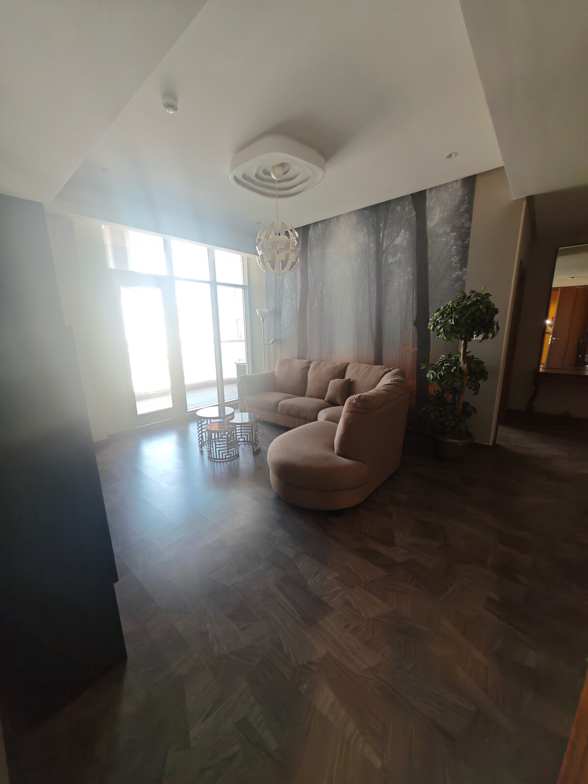 A modern seating area features a plush, curved sofa complemented by a small round coffee table. Large windows allow natural light to fill the space, while a decorative plant adds a touch of greenery. A mural depicting trees adorns one wall.