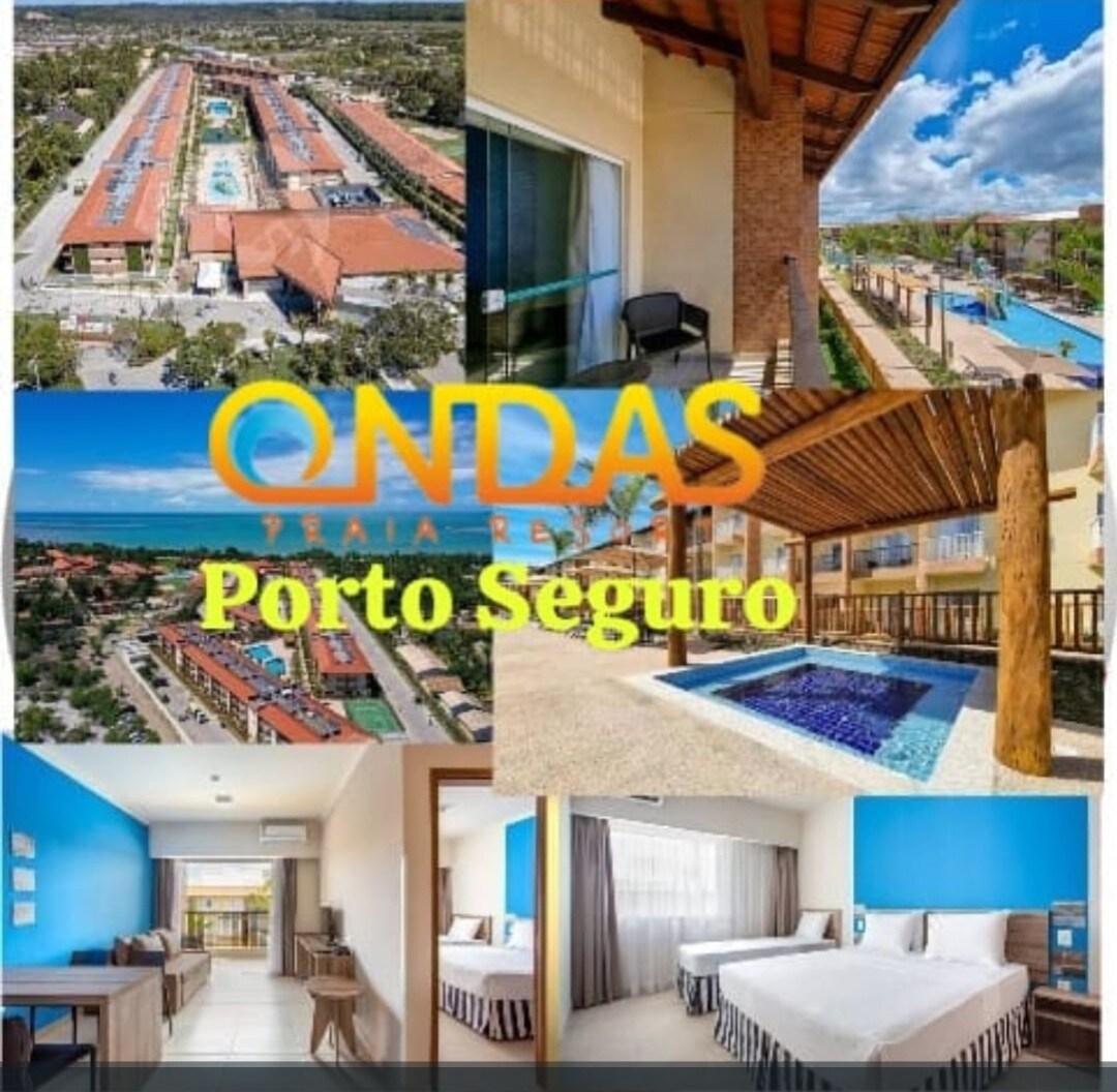 A collage displays various areas of the property, including a spacious pool surrounded by lounge chairs and a view of the coastline. An indoor space is showcased with blue accent walls and two beds, alongside a covered terrace featuring a private plunge pool.