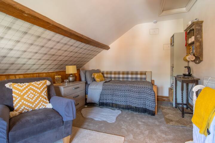 Single bedroom with TV (not in the photo) and tea / coffee making facilities, books and games