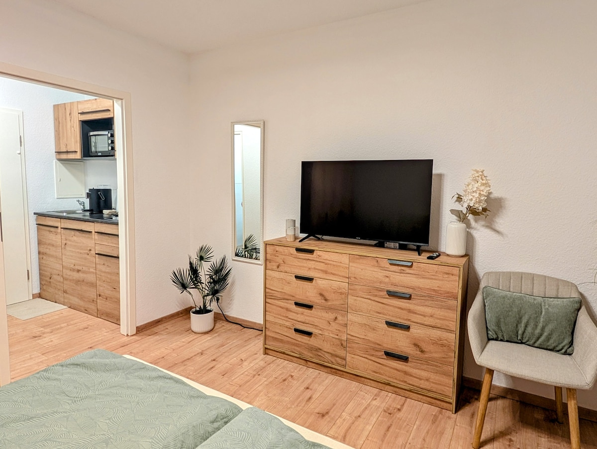 A spacious bedroom features light wooden flooring and a large dresser with six drawers. A smart TV is positioned on top of the dresser. A small plant is placed beside a tall mirror. The kitchen area is visible in the background, equipped with modern appliances.