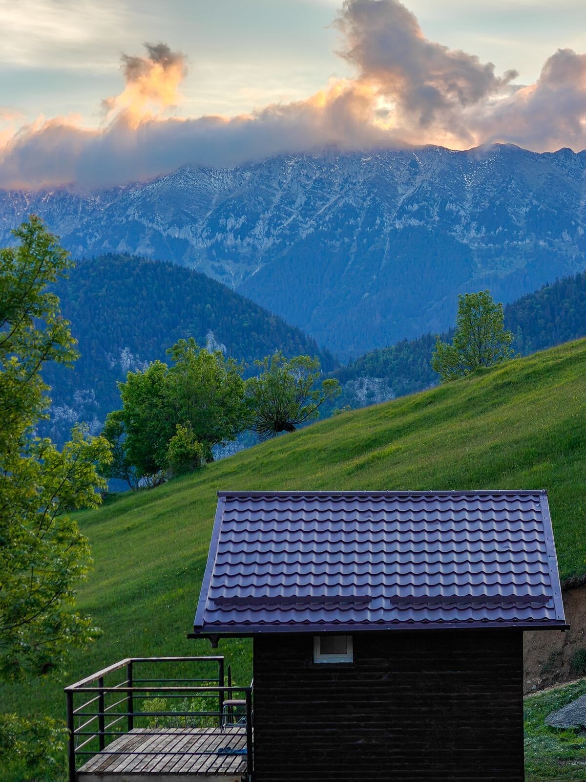 A small tiny house with a dark wooden exterior is situated on a grassy hillside. The roof features dark tiles, and the surrounding landscape includes lush green trees and mountains in the background, partially covered by clouds. The sunset casts a warm glow in the sky.
