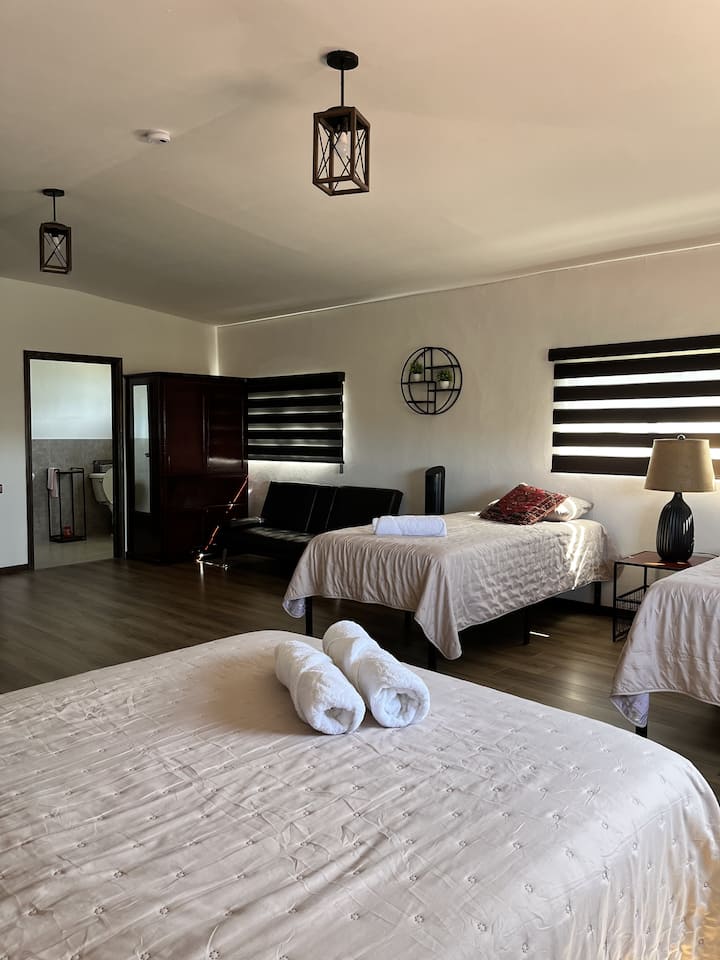 Spacious bedroom 3 with a queen bed and two twin beds, with 2 nightstands and lamps, and a small living area with a sofa, with access to a half bathroom for added convenience.